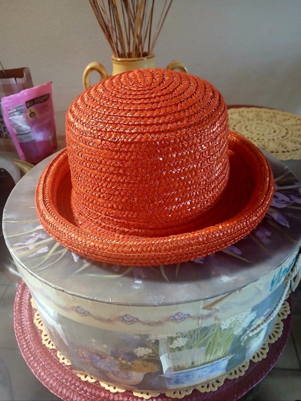 Women's Orange Straw Hat - Classic Summer Bowler
